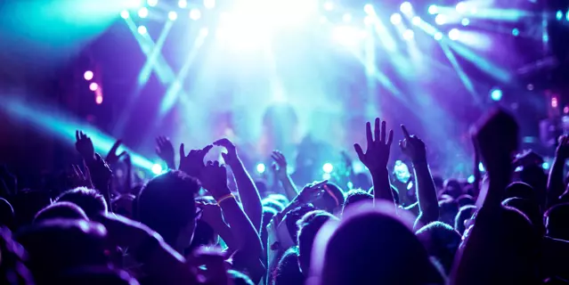 Crowd raising their hands and enjoying great festival party.