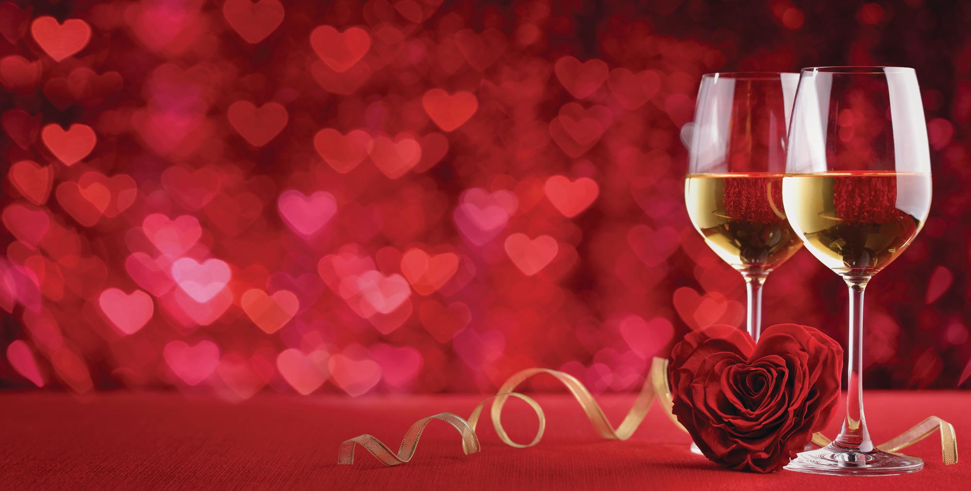 Valentines wine and rose,heart background