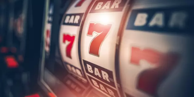 Casino Slot Games Playing Concept 3D Illustration. One Armed Bandit Slot Machine Closeup.