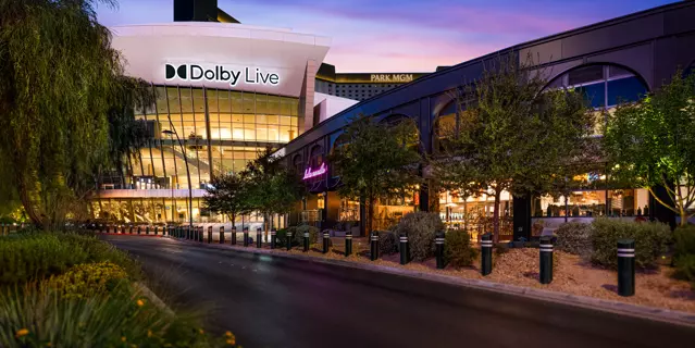 Exterior shows the Dolby Live indoor amphitheater next to the Park MGM resort.