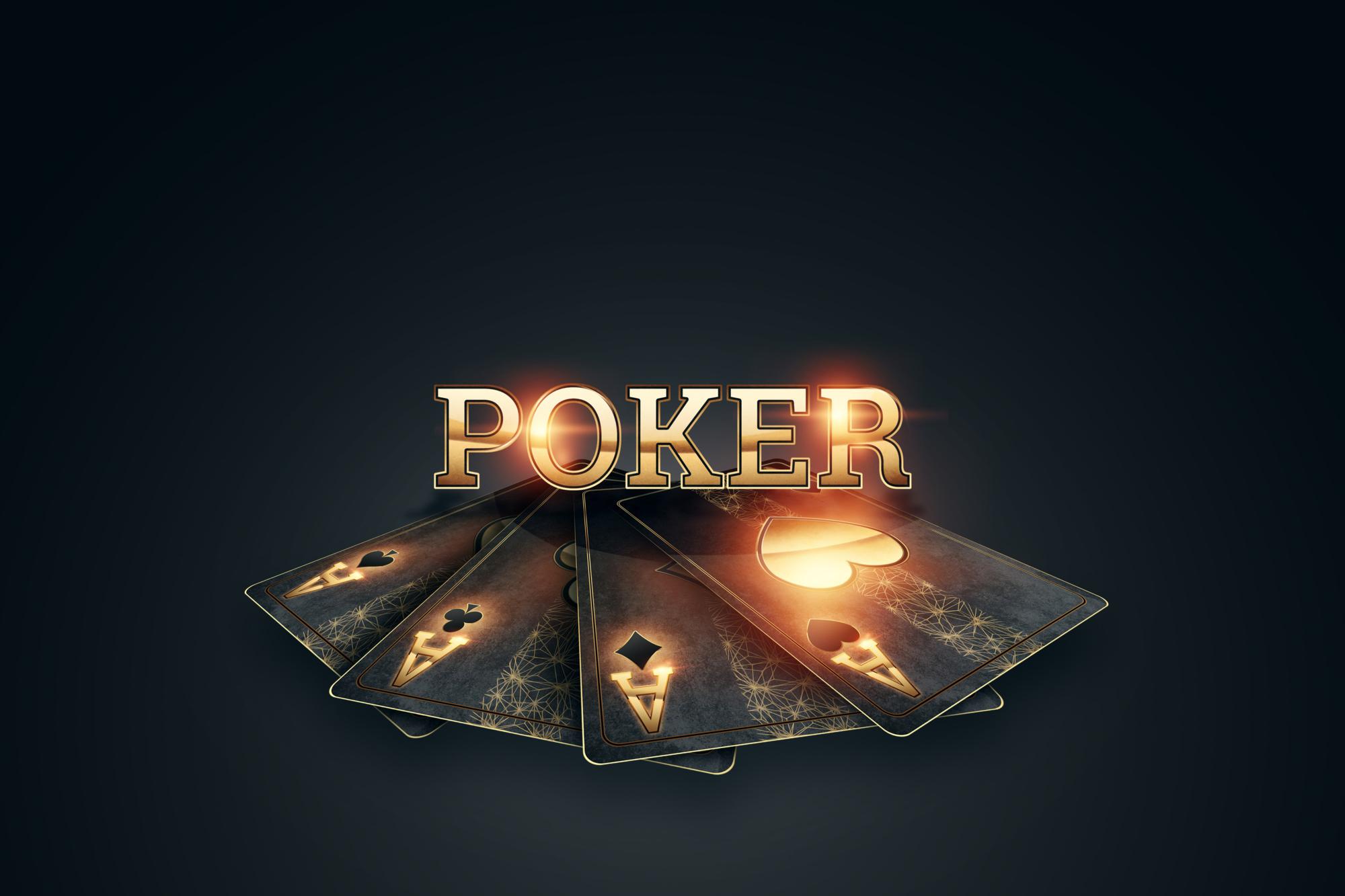 Creative poker template, gold cards and the inscription in gold letters poker on a dark background. Casino concept, gambling, header for the site. Copy space, 3D illustration, 3D render