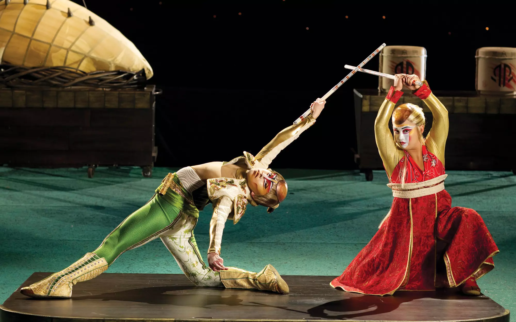 KÀ by Cirque du Soleil twin characters battling on stage at MGM Grand