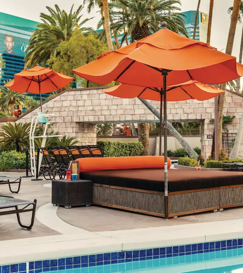 Daybeds and umbrellas at the MGM Grand pool