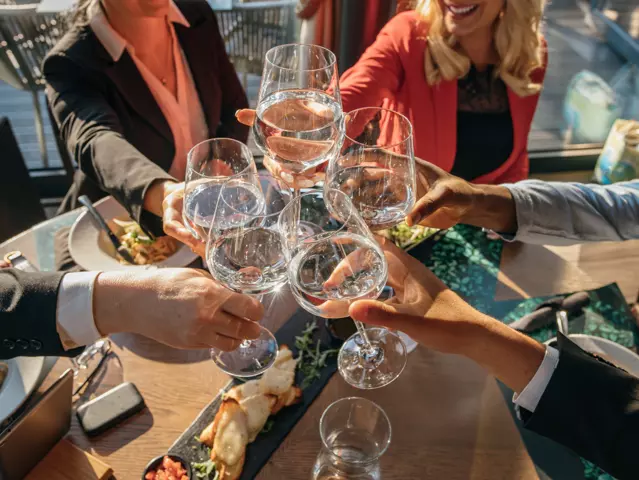 Group of business people toasting for success that they achieved on a business meeting in restaurant.