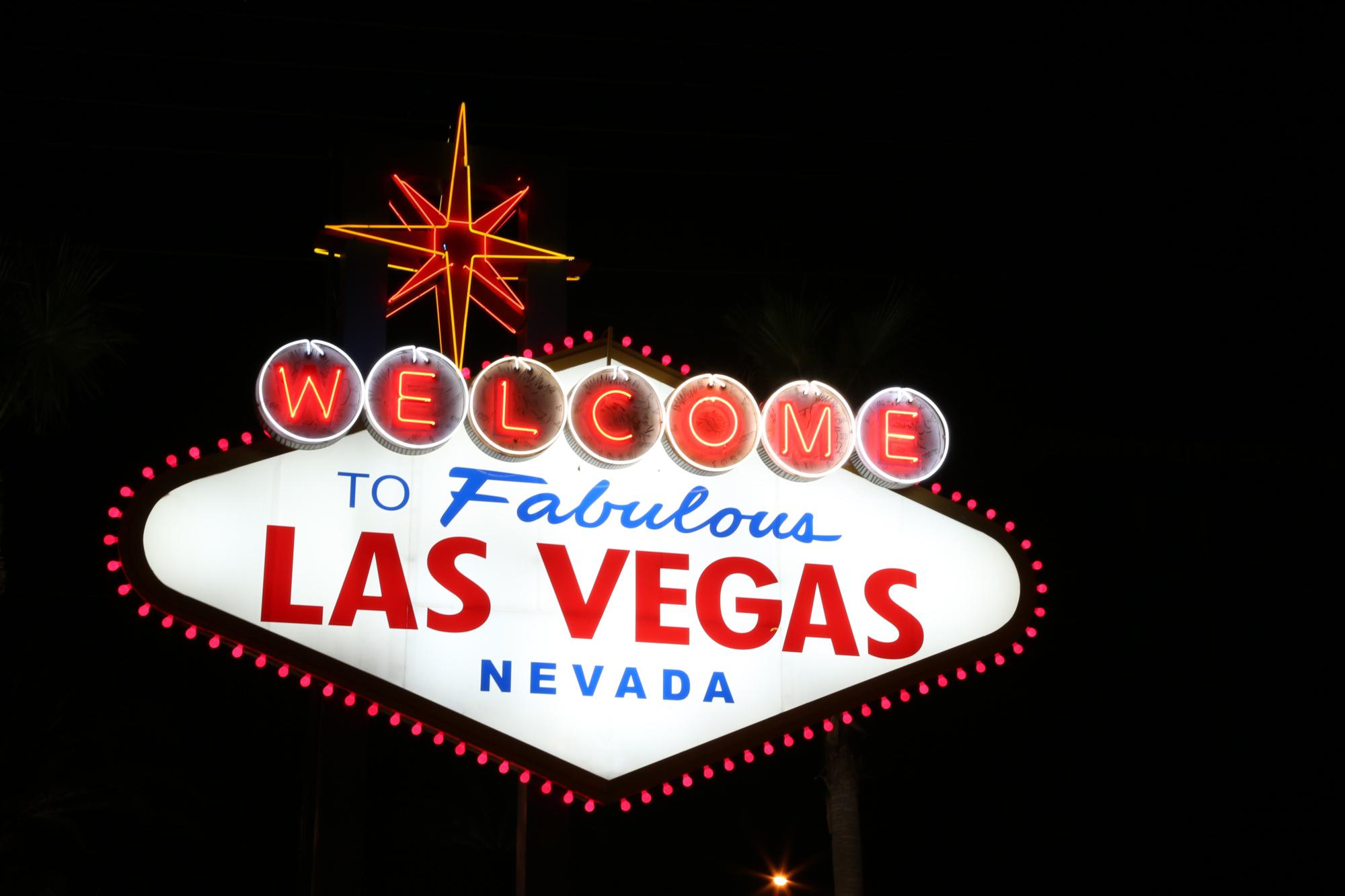 A night shot of the famous American 'Welcome to fabulous Las Vegas' sign.