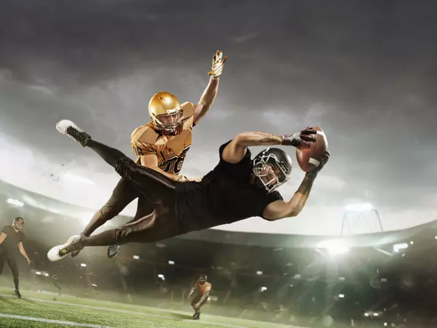 Professional american football player on stadium running in action. Sport wallpaper with copyspace. 3D model of the stadium was created by me the author. Collage with two models