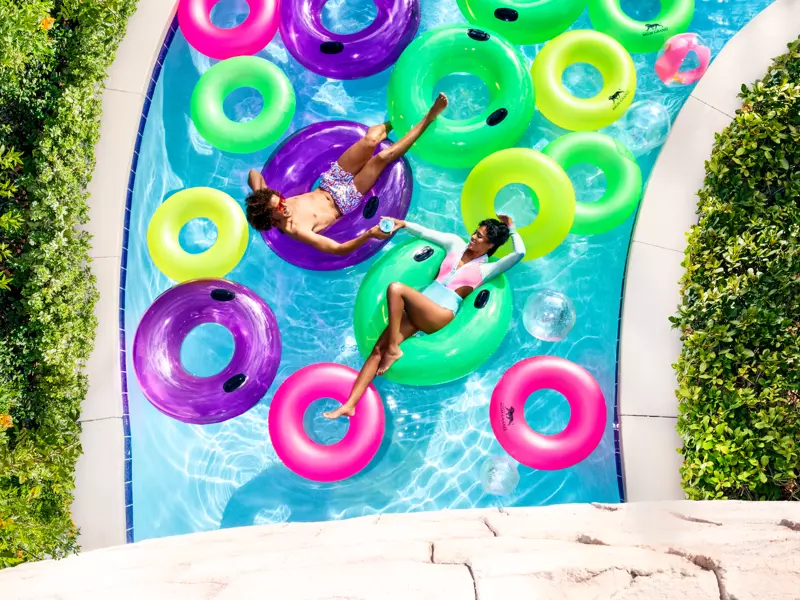Colorful tubes floating on the MGM Grand lazy river