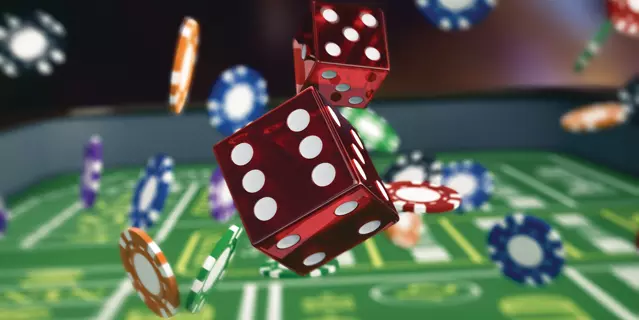 close up view of a craps table with dices and fiches (3d render)