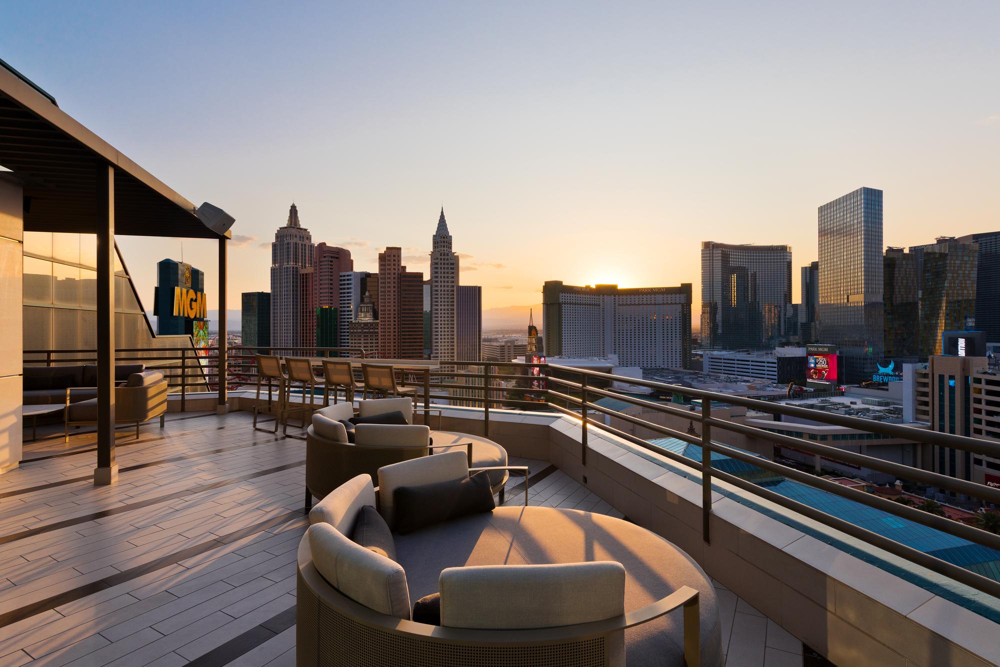 MGM Grand Terrace Suite outdoor terrace with city skyline views