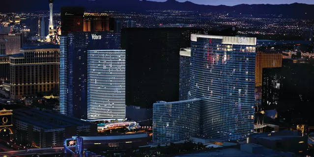 Exterior of the Vdara, a mirrored-glass, curved building with 28 floors.