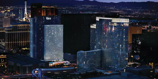 Exterior of the Vdara, a mirrored-glass, curved building with 28 floors.