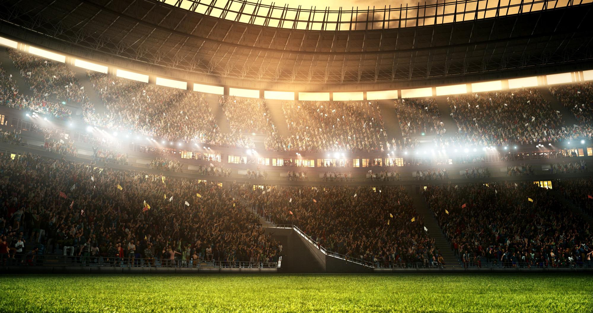 Photo of a professional soccer stadium while the sun shines. Stadium and crowd are made in 3D