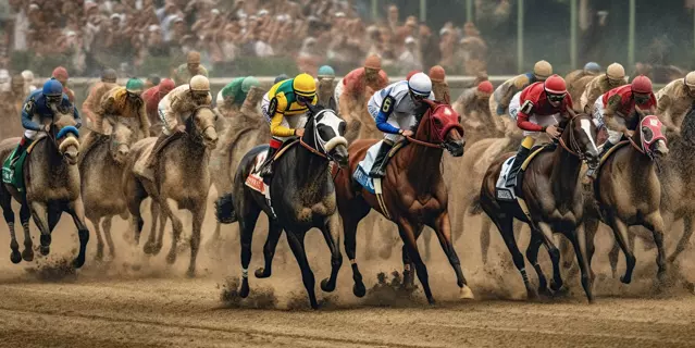 Kentucky derby horse racing. Generative AI illustration.